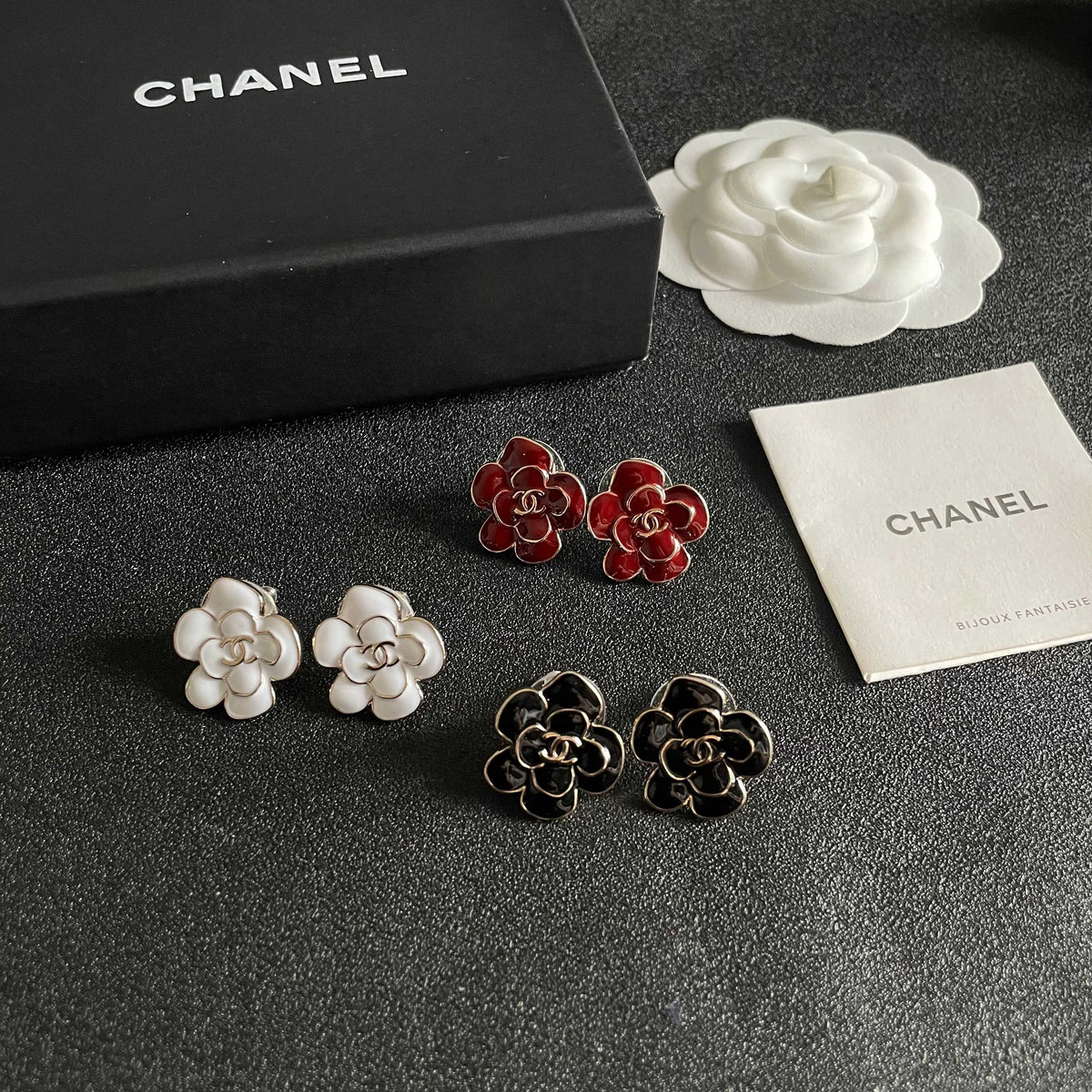 CC Camellia Double C Black Gold Earrings