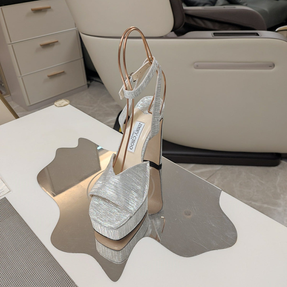 Jimmy 25 Platform Sandal Heels Silver Satin Fabric 240016
