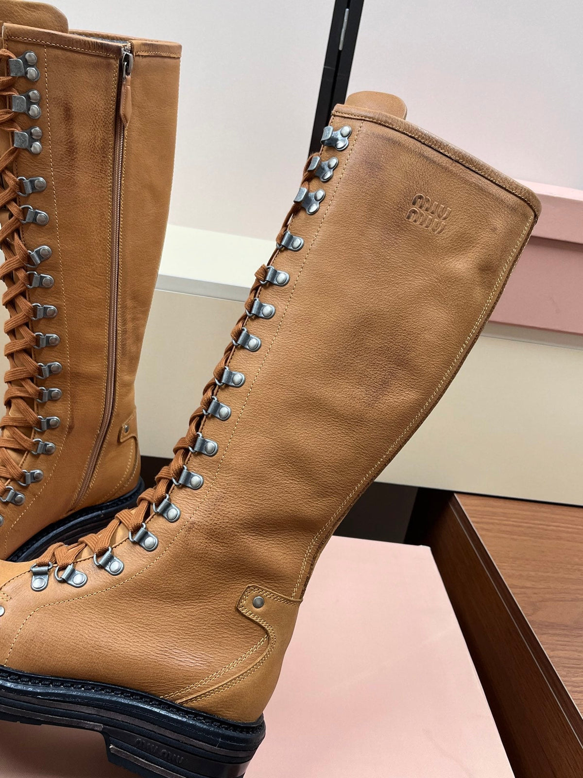 Miu Miu 2026 Lace-Up Boots Tan Leather 157085