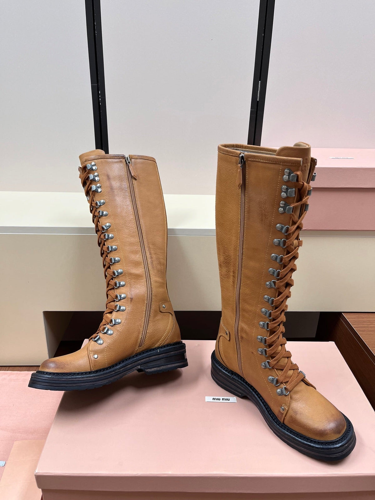 Miu Miu 2026 Lace-Up Boots Tan Leather 157085
