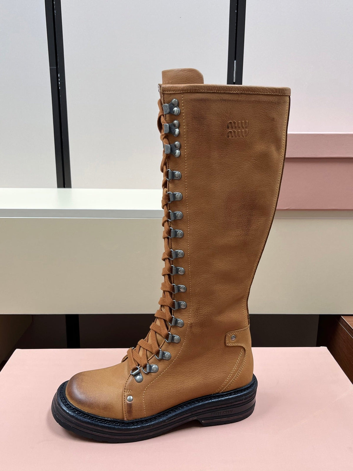 Miu Miu 2026 Lace-Up Boots Tan Leather 157085