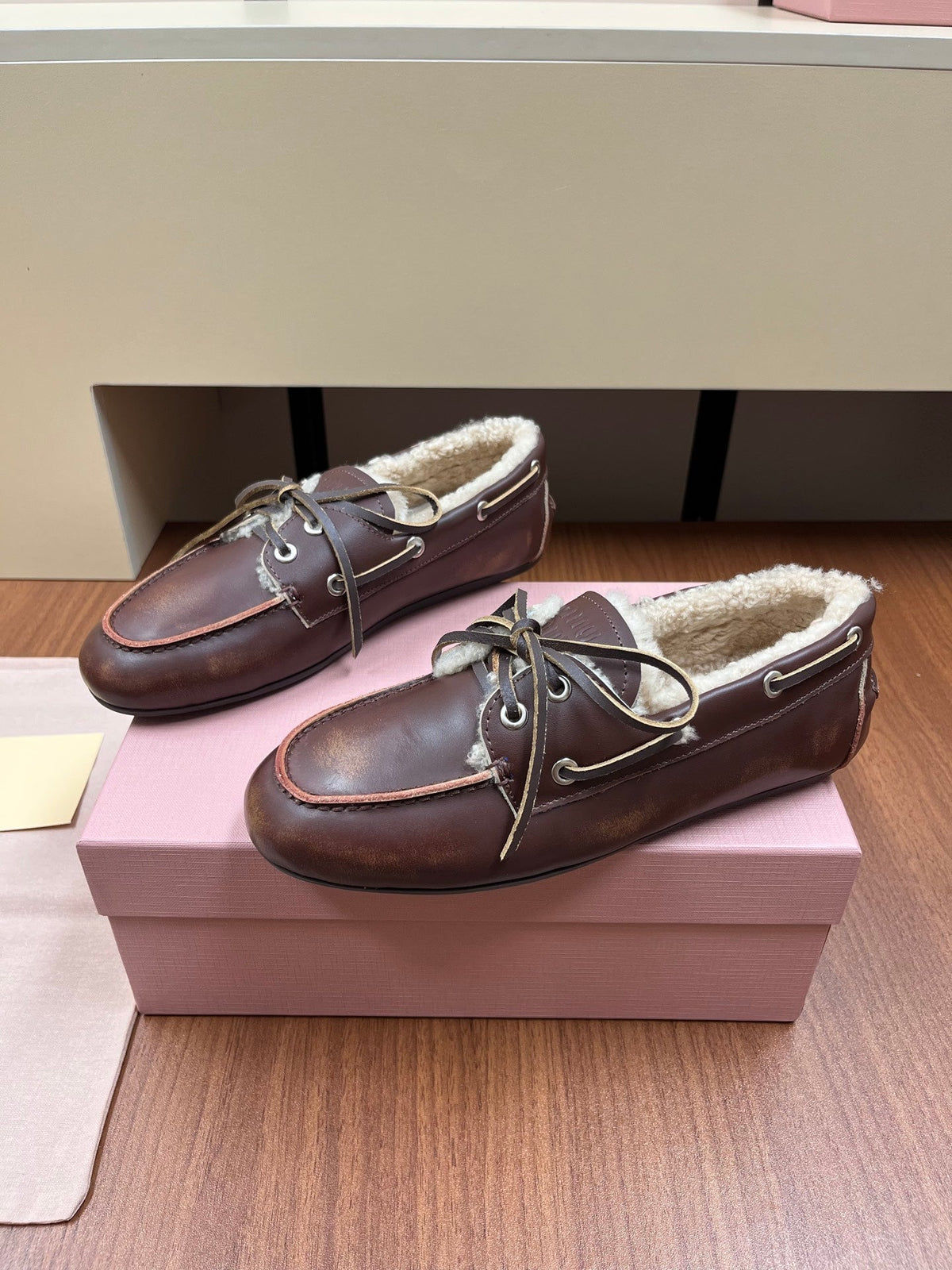 Miu Miu 2026 Boat Loafers Leather Suede Wool 157103