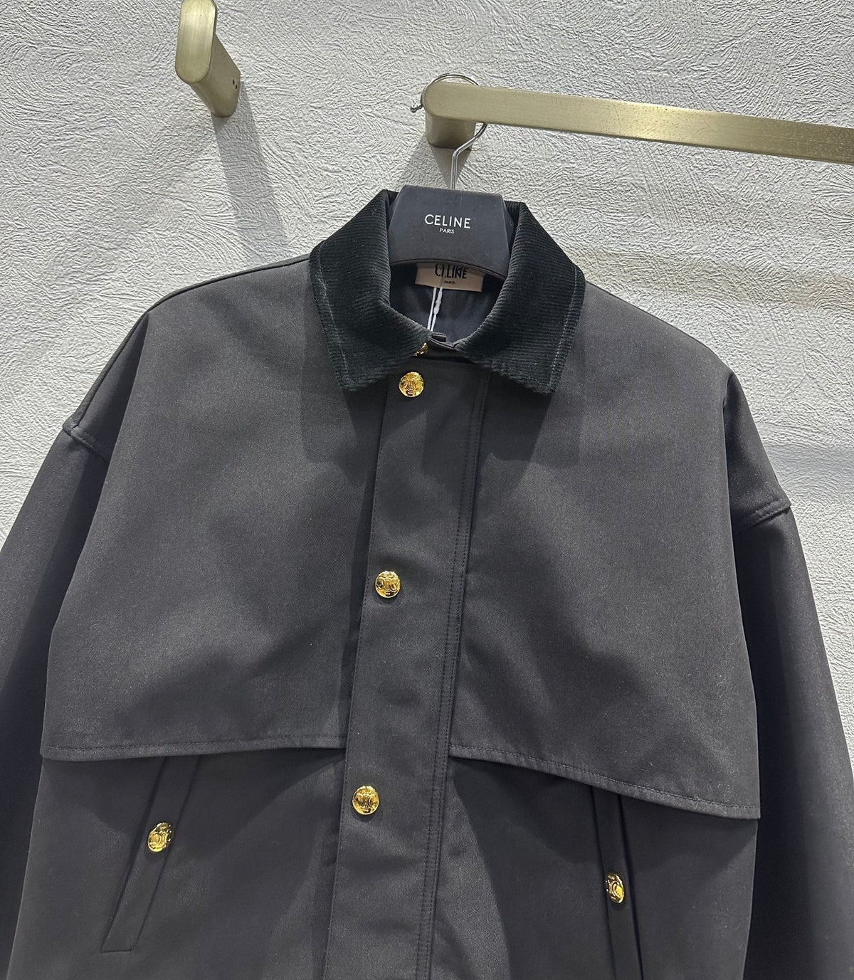 Celine 25 Lapel Short Trench Coat Black Gold Cotton Polyester