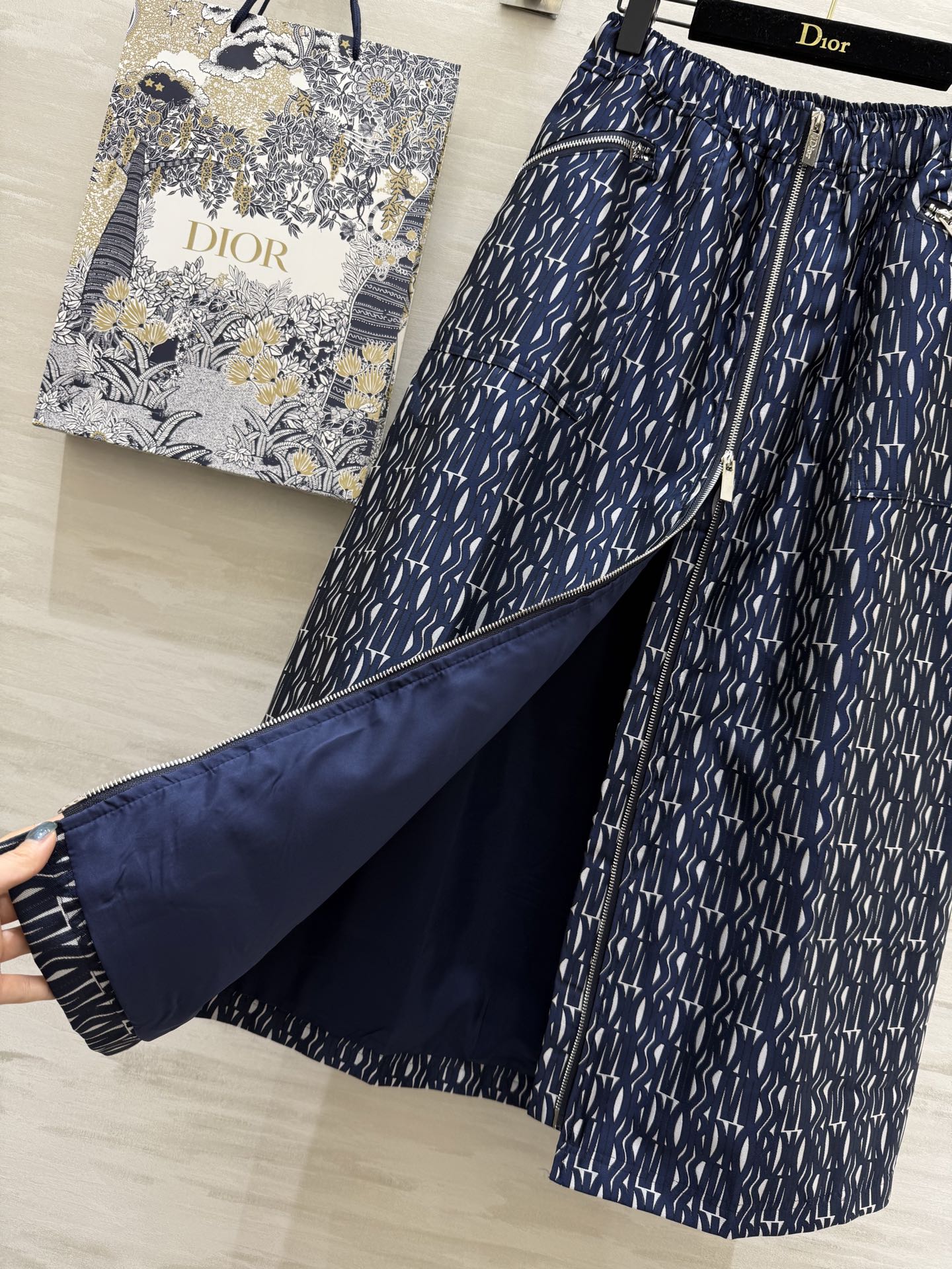 CD 2025 Letter Long Skirt Blue Jacquard Canvas
