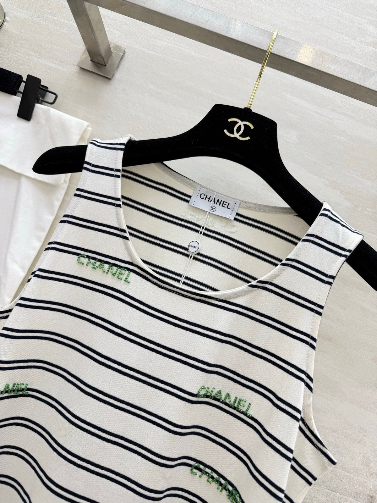 Chanel 2026 Striped Embroidered Vest White Black Cotton 213363