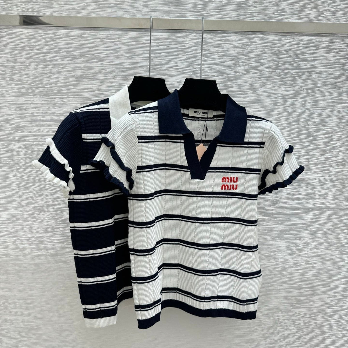 Miumiu 2026 Striped Knit Short-sleeved Top With Peter Pan Collar 258872