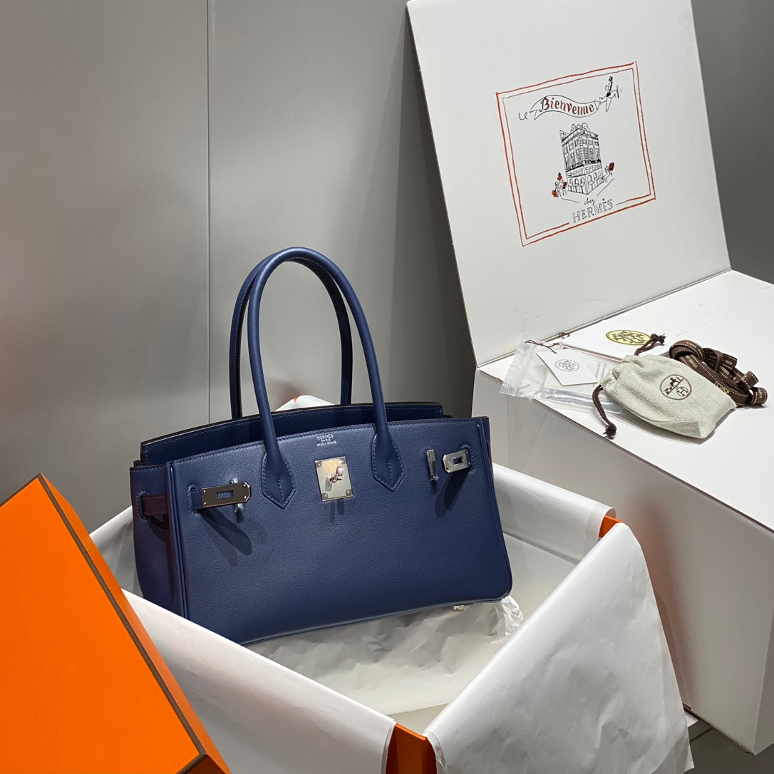HM Shoulder Birkin 29 Navy Blue Brown Leather 222344