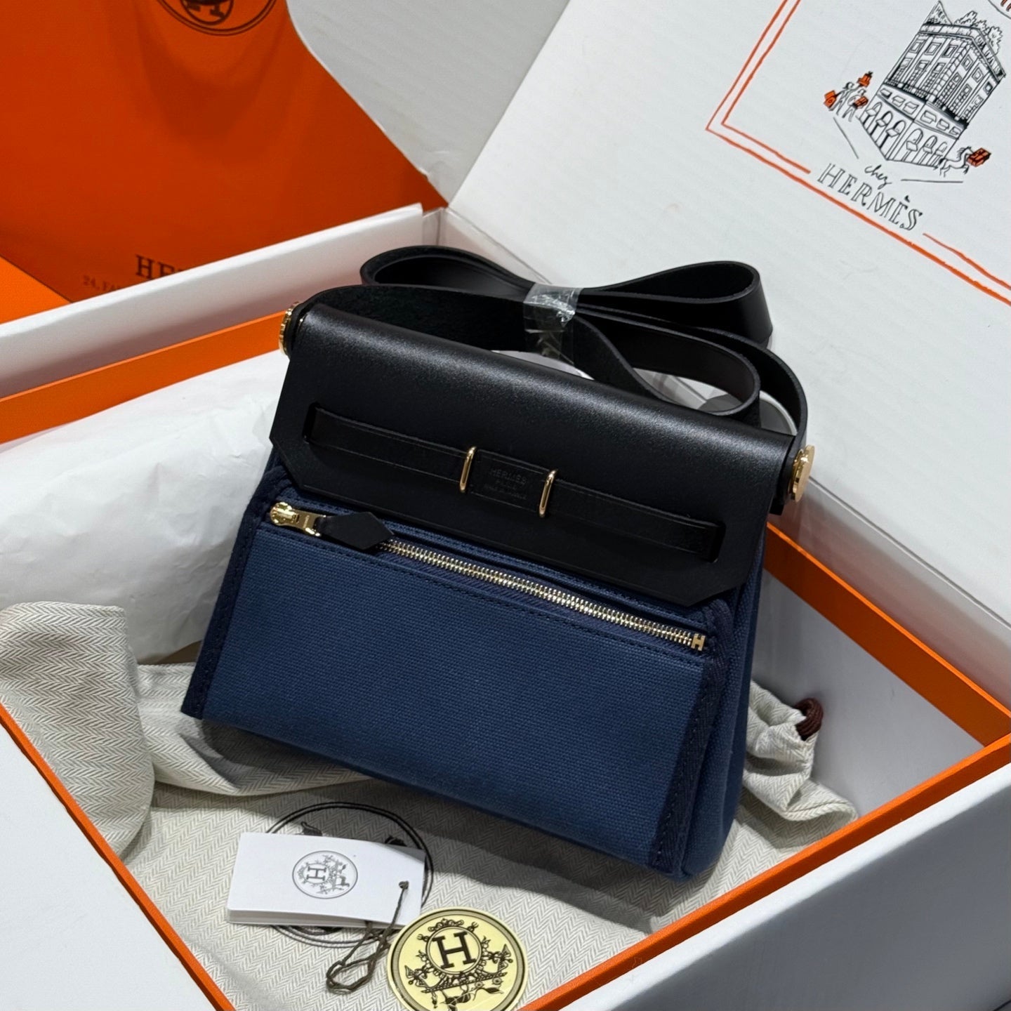 HM Mini Herbag Gold Buckle 20 Navy Blue Canvas and Hunter Cowhide 243255