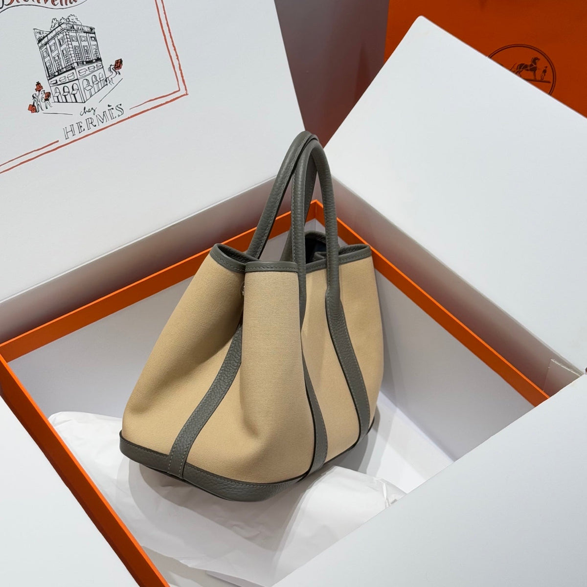 HM Garden Party 30cm Bag Vert Amande Togo Beige Canvas