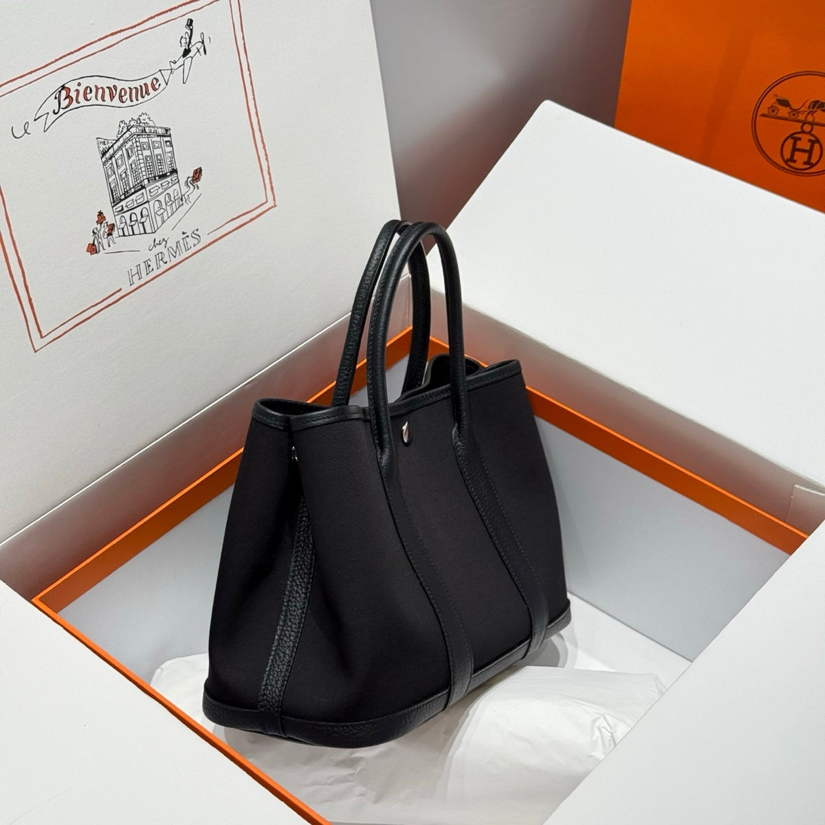 HM Garden Party 30cm Bag Black Togo Black Canvas