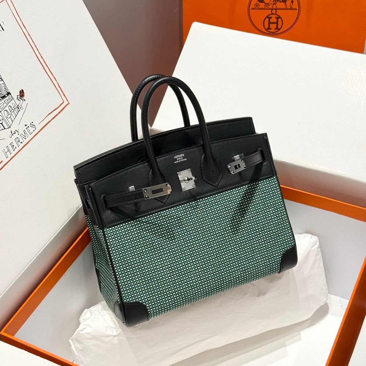 HM Birkin 25cm Black Swift Green White Canvas Silver Hardware