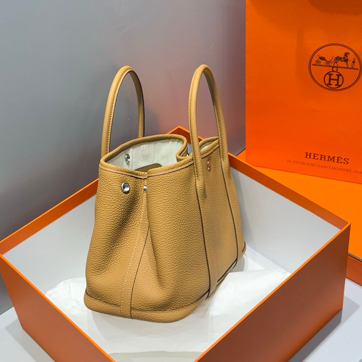 Hermes Garden Party 30cm Milk Tea Silver Buckle Calfskin 255793