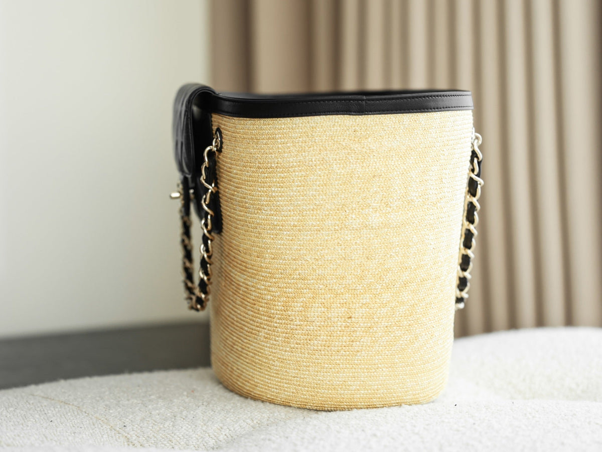 Chanel 2026 Shopping Bag 53cm Beige Black Straw Lambskin 351018