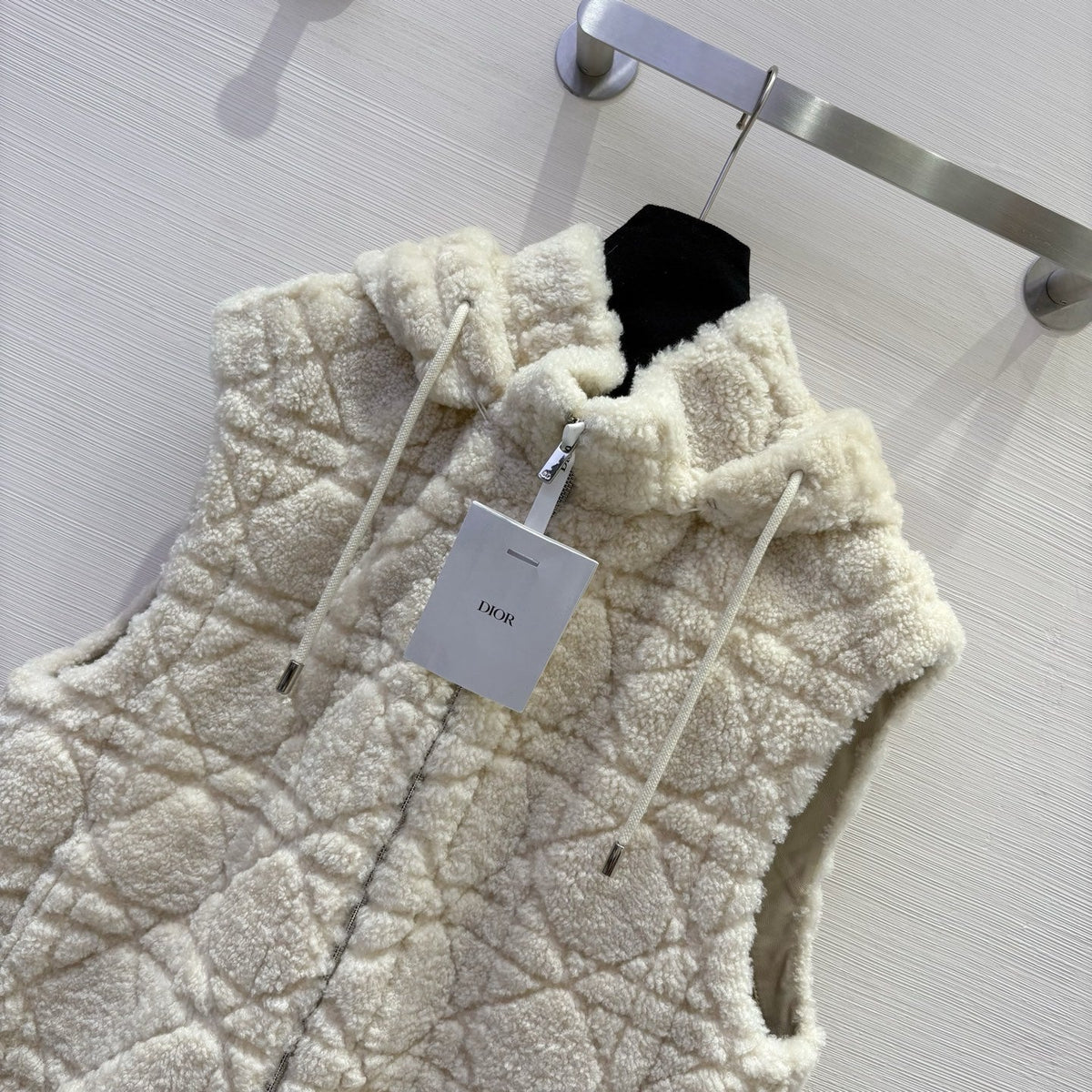 CD 25 Hooded Vest Leather And Fur Ivory White