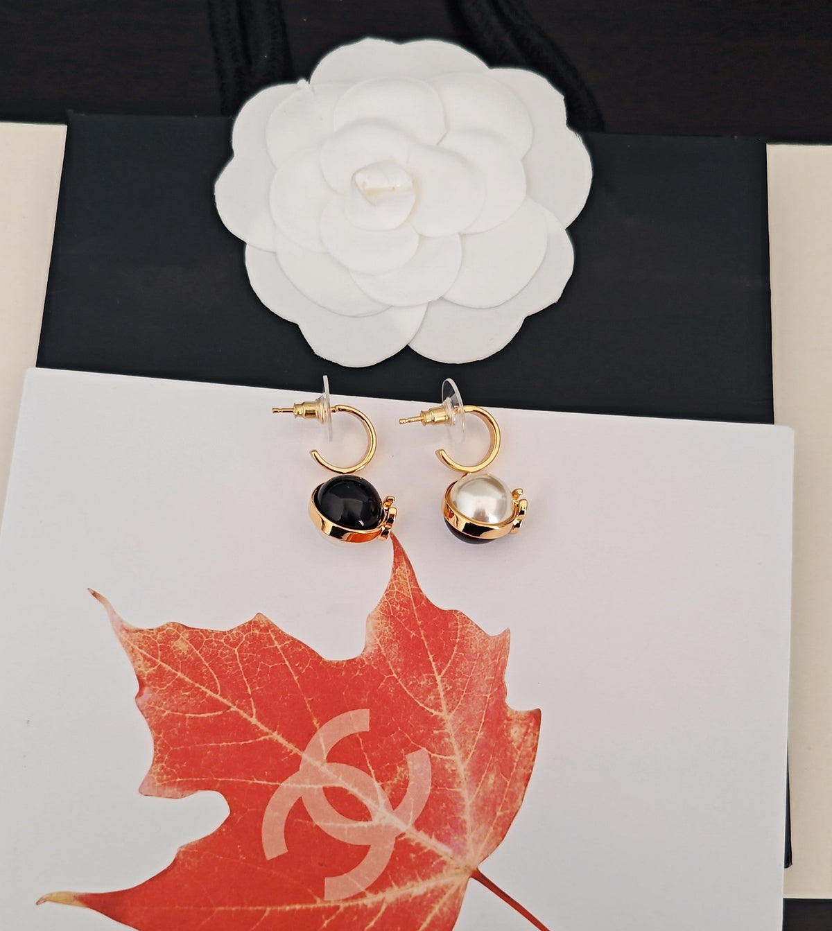 CC Double C Black White Ball Gold Earrings