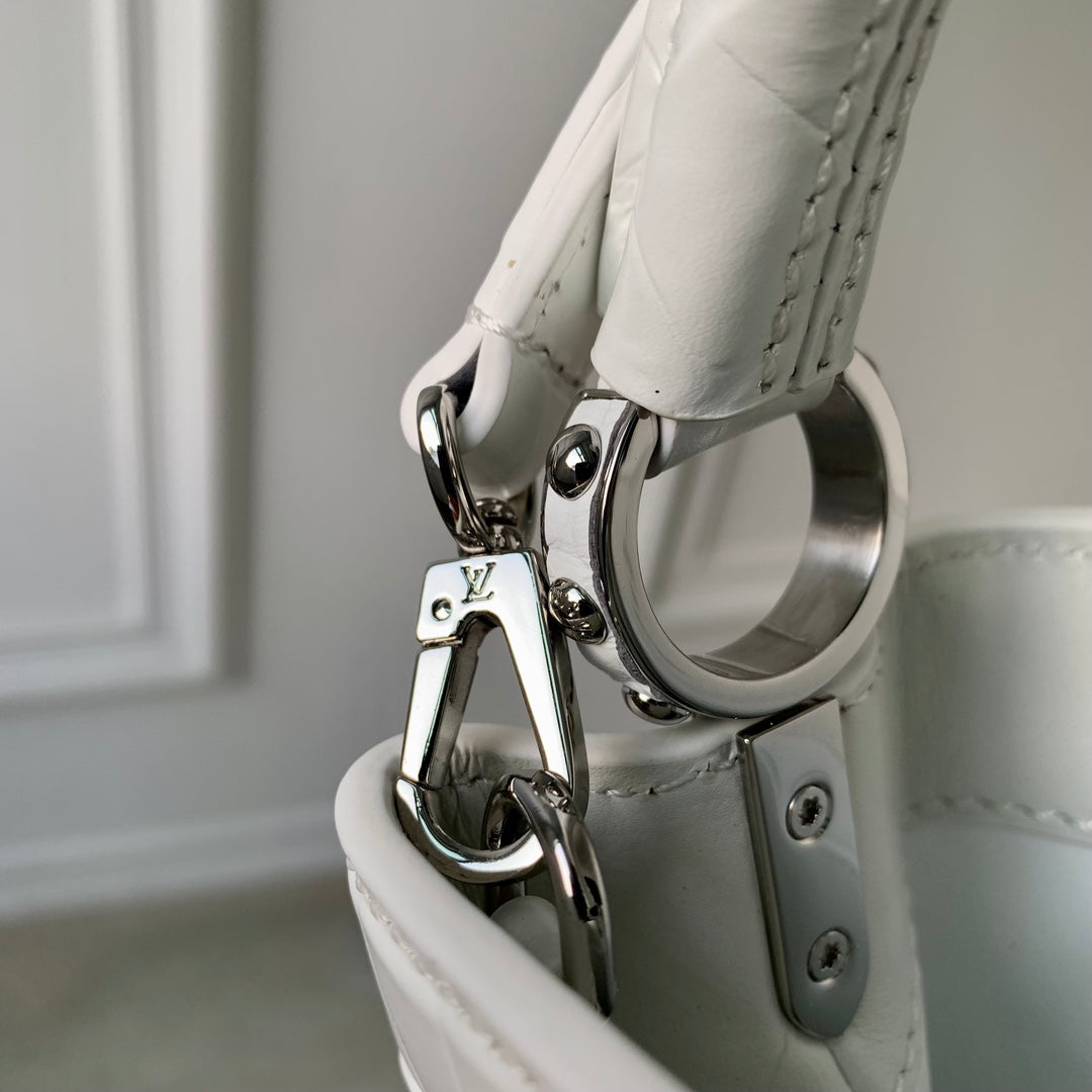 CAPUCINES MINI 21 WHITE CROCODILE EMBOSSED CALFSKIN SILVER HARDWARE