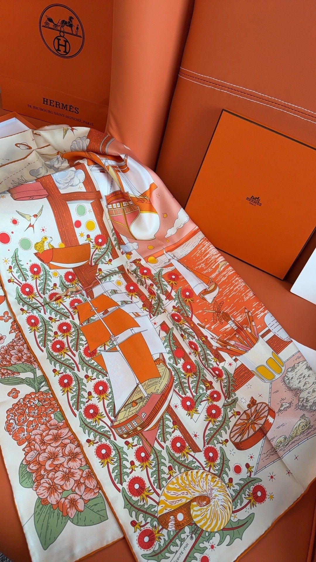 HM 26s 90 Scarf Orange White Colorful Mulberry Silk 153382