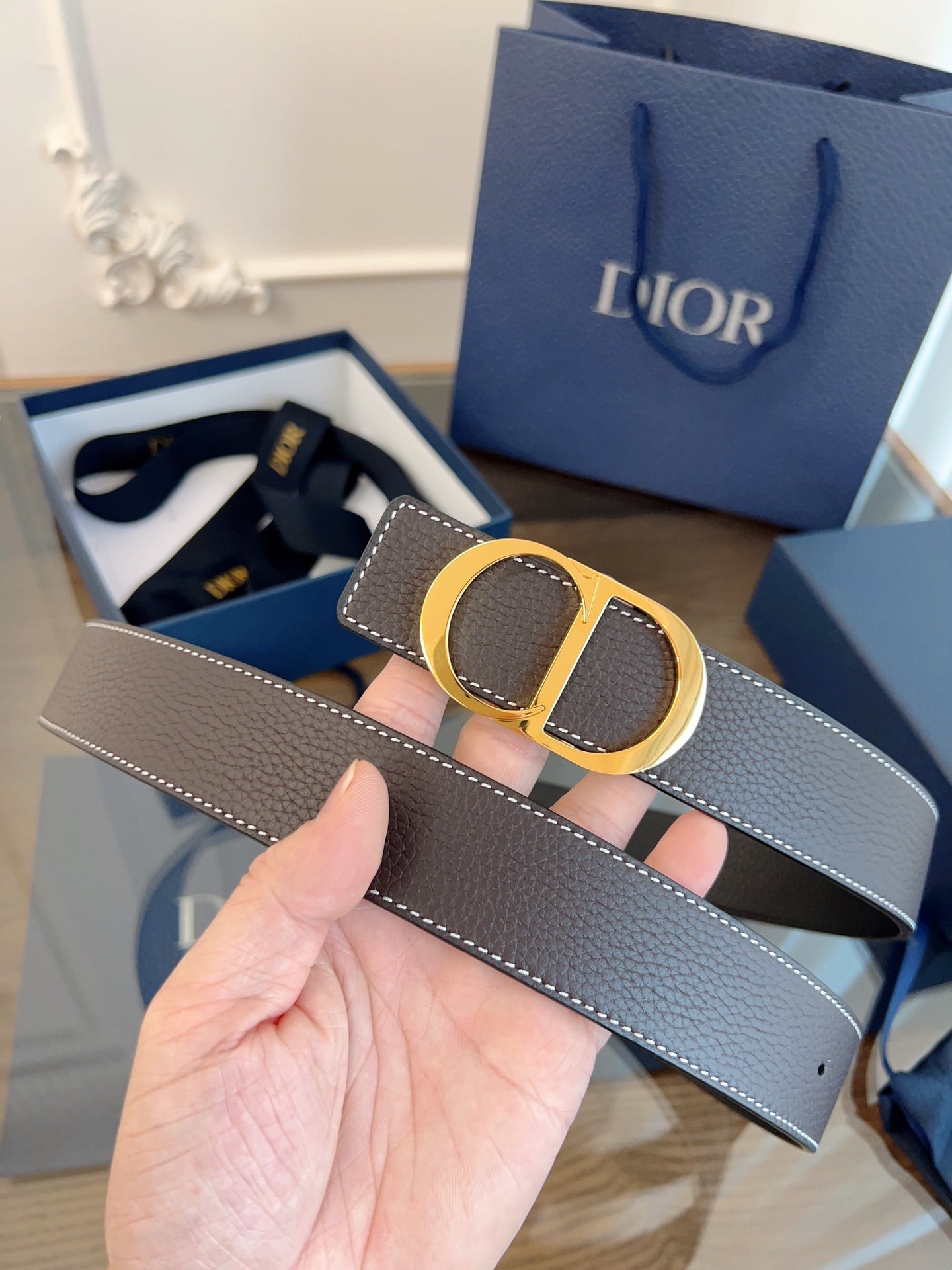 Dior 2026 CD Icon Grained Belt 35mm Brown Leather 189410