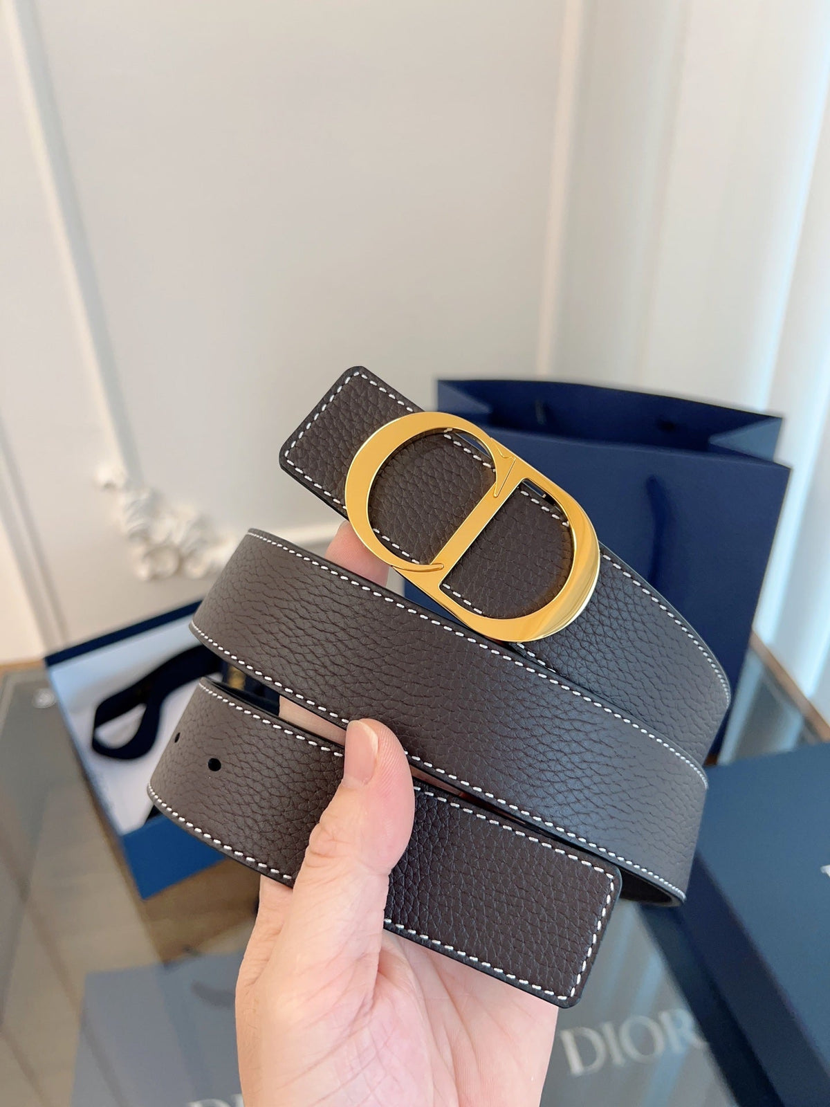 Dior 2026 CD Icon Grained Belt 35mm Brown Leather 189410