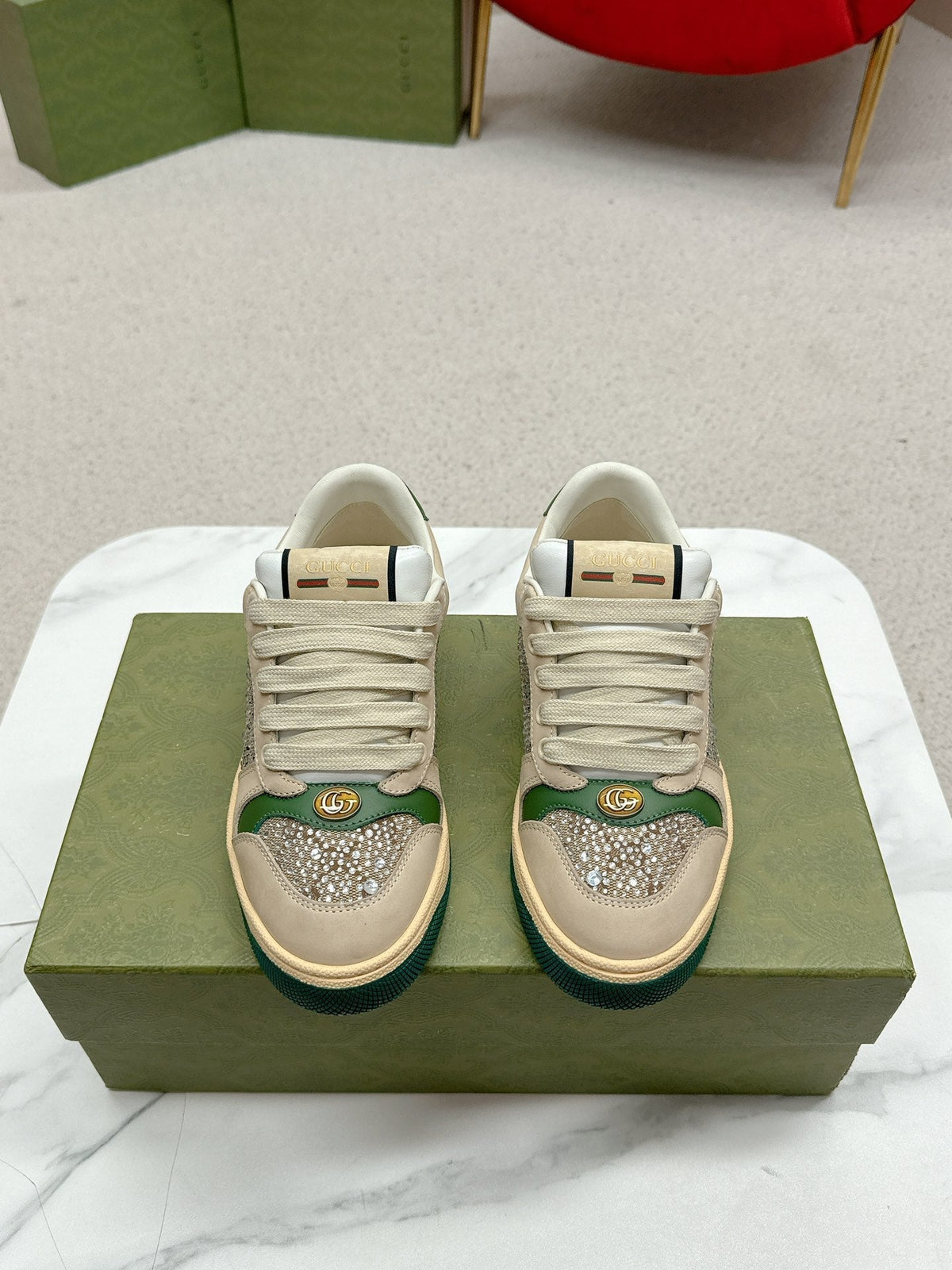 GG Sneaker Beige Suede Green Calfskin Crystal-Embellished