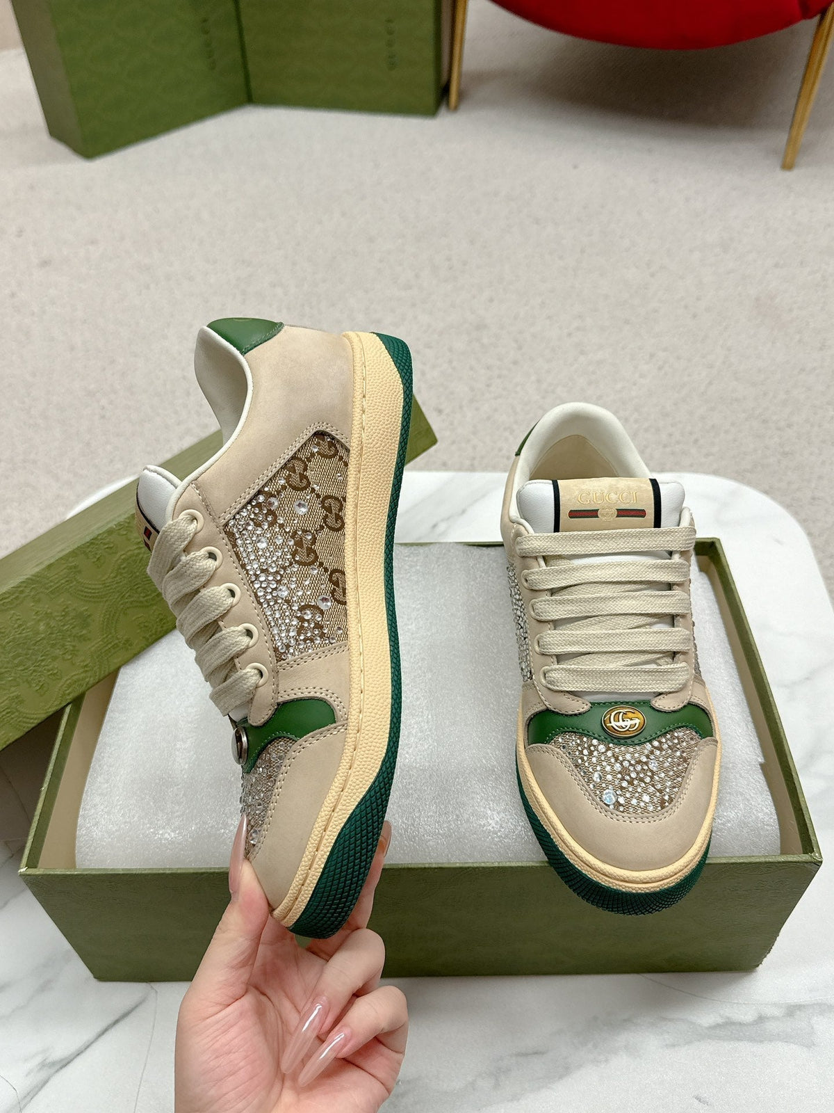 GG Sneaker Beige Suede Green Calfskin Crystal-Embellished
