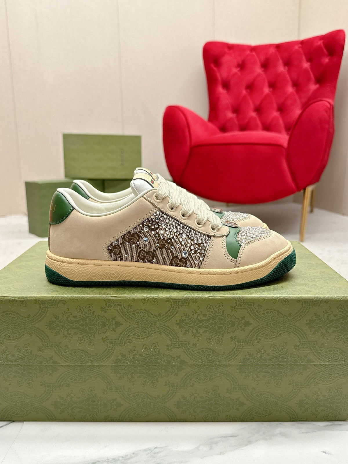 GG Sneaker Beige Suede Green Calfskin Crystal-Embellished