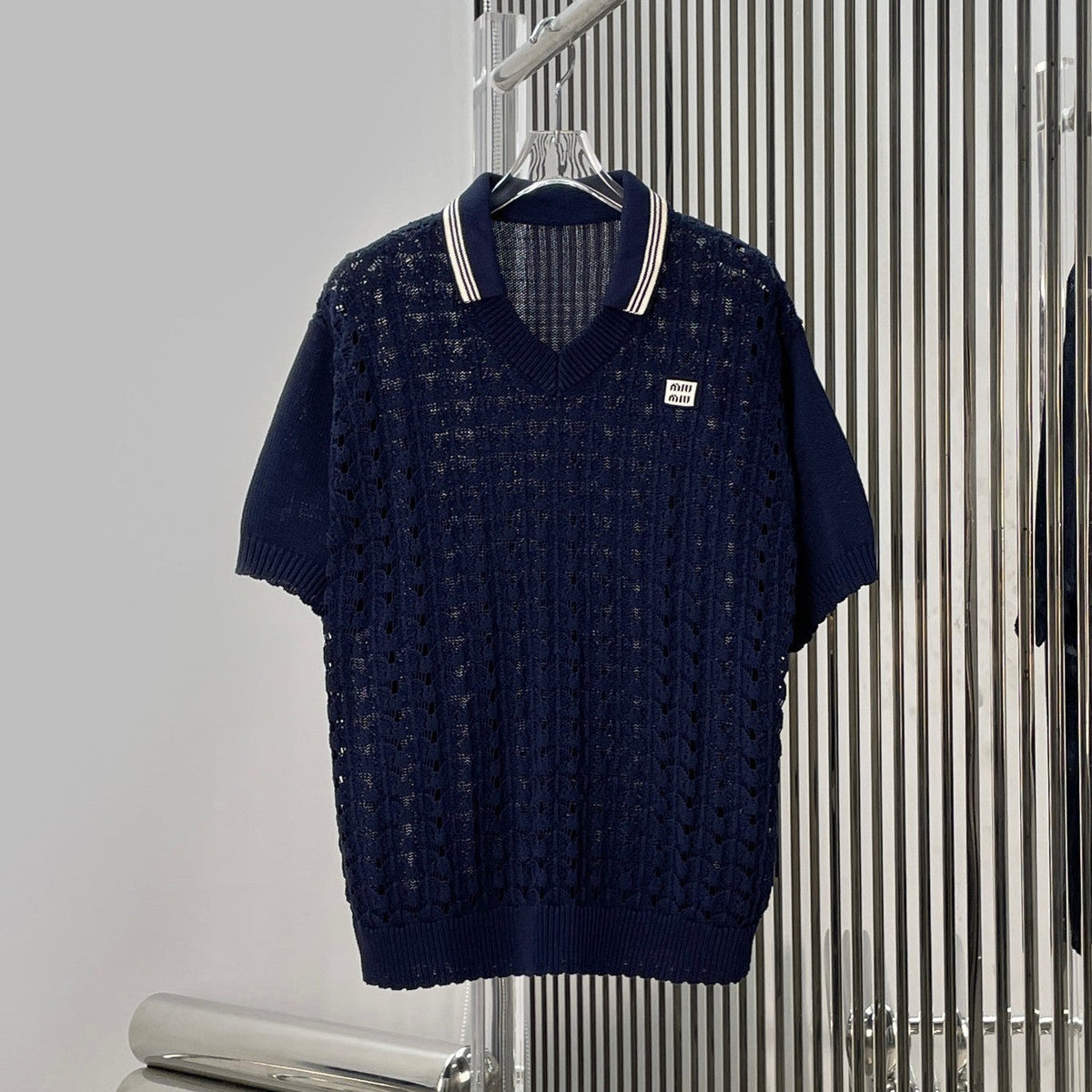Miumiu 2026 Openwork Knit Crochet Shirt Navy Blue Wool