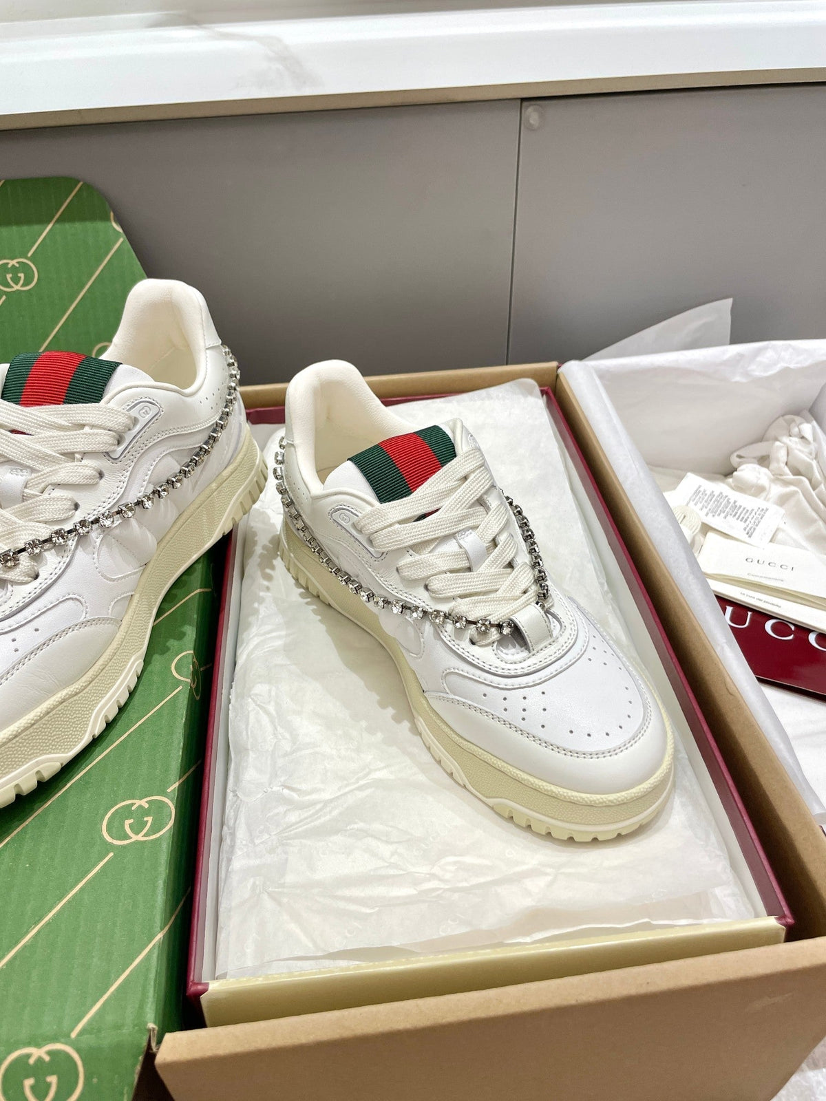 GG 26 Sneaker White Cowhide Chain With Rhinestones 632873