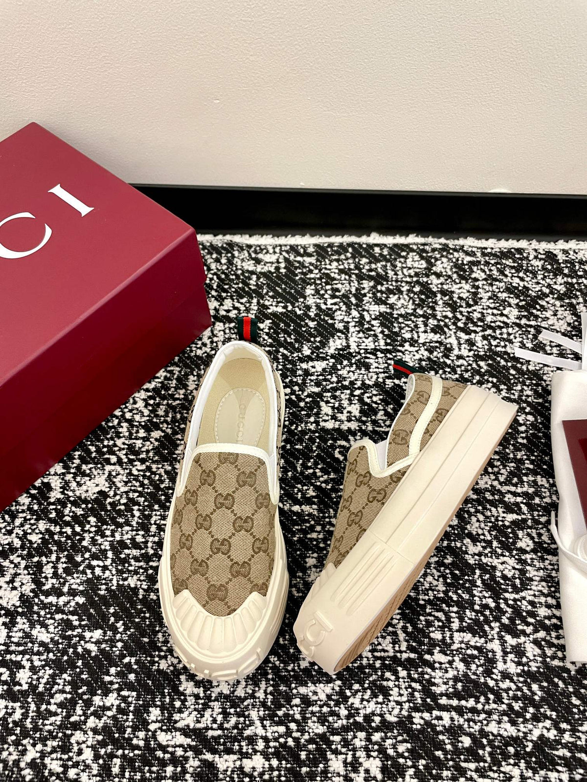 GG 26 Platform Loafers Beige White Monogram Denim 632826