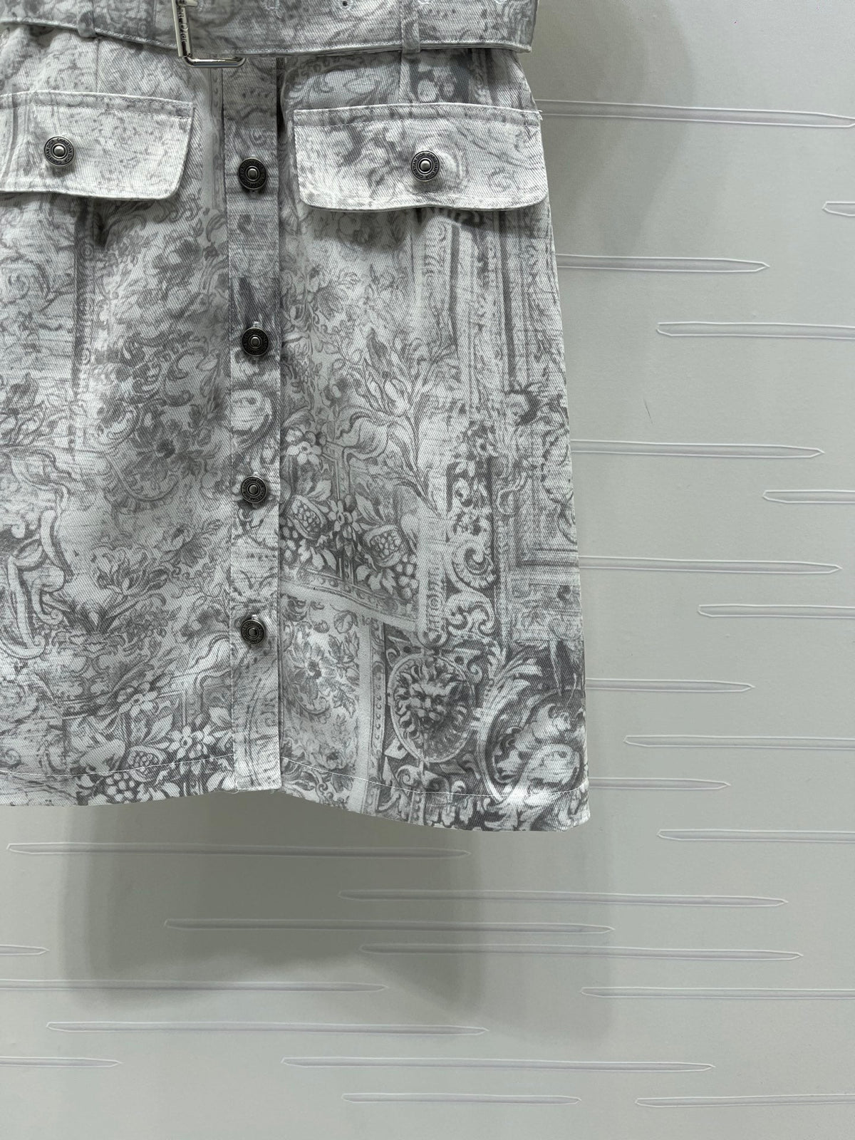 Dior 2026 Collared Print Denim Short-Sleeve Dress White Grey Polyester