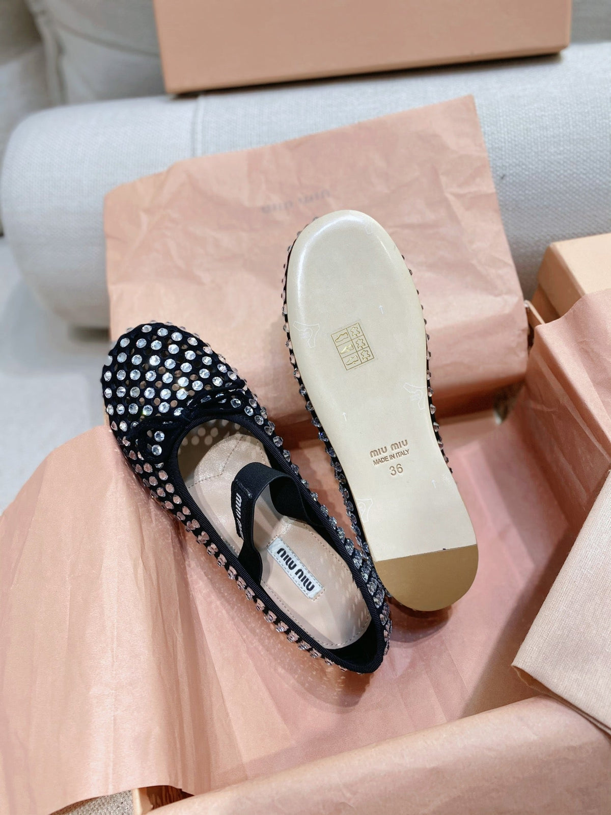Miu Miu 2026 Crystal-Embellished Fishnet Ballet Flat Black Cowhide 155473