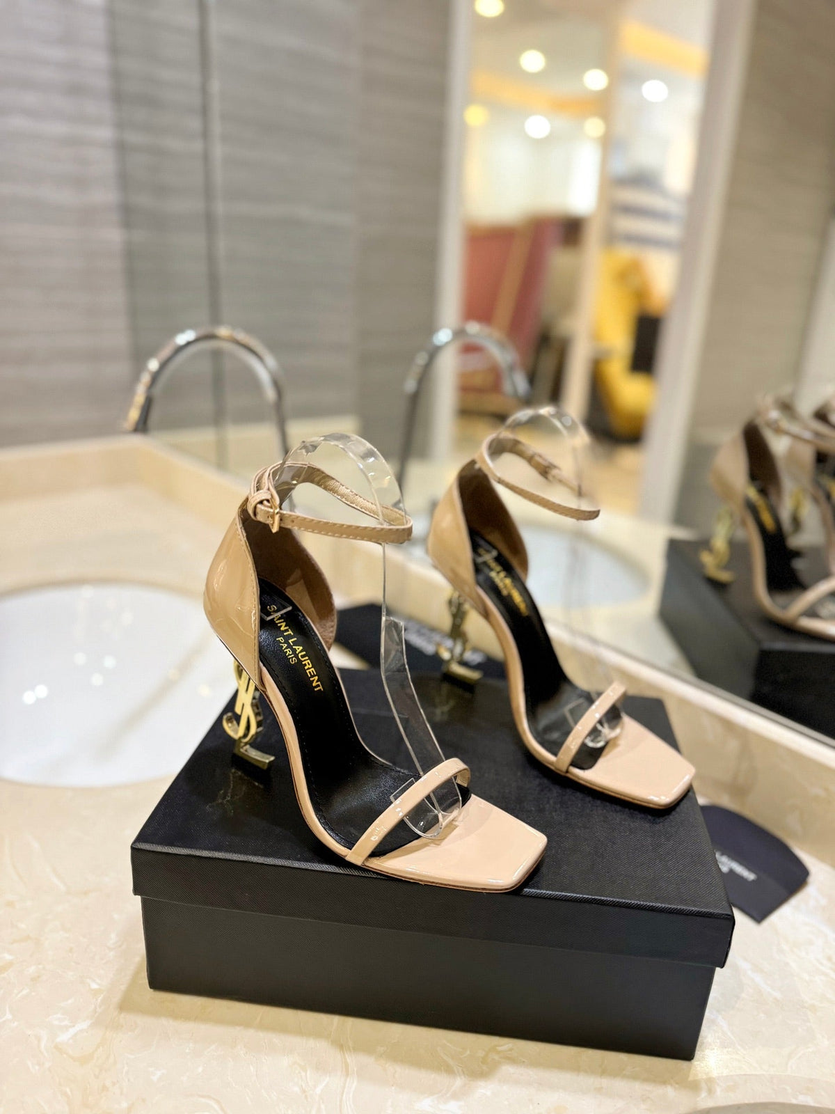 SL OPYUM SANDALS 105 CAMEL AND BLACK CALFSKIN