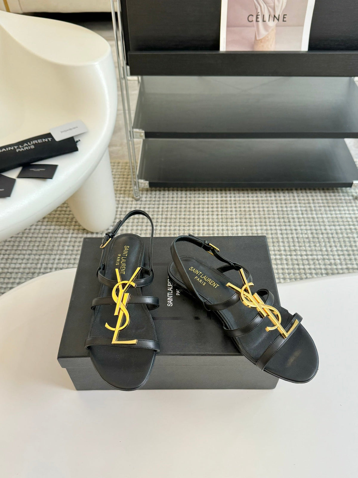 SL CASSANDRA TRIPLE SANDAL FLAT BLACK CALFSKIN