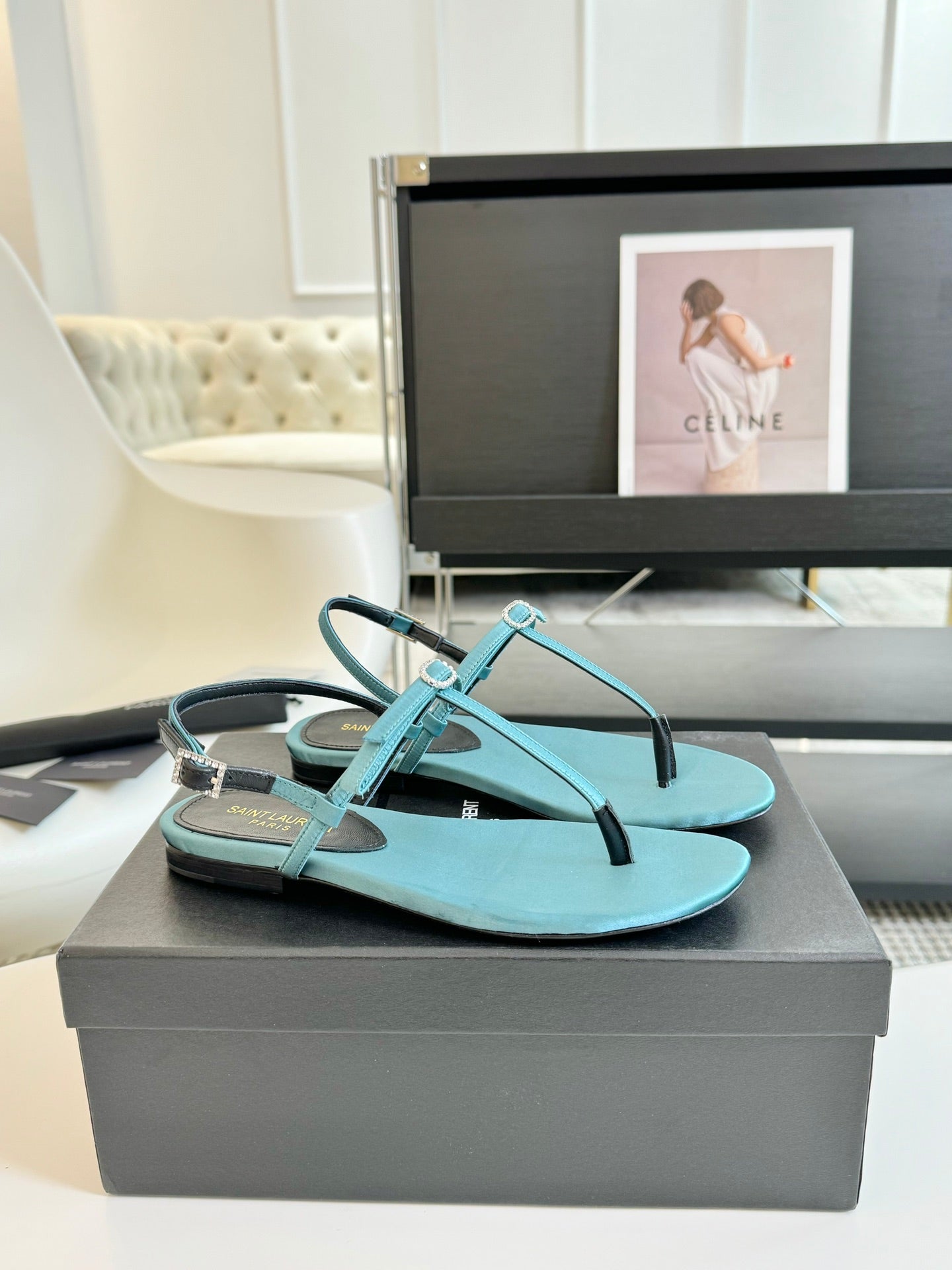 SL CRYSTAL T-STRAP FLAT SANDAL SAPPHIRE SATIN