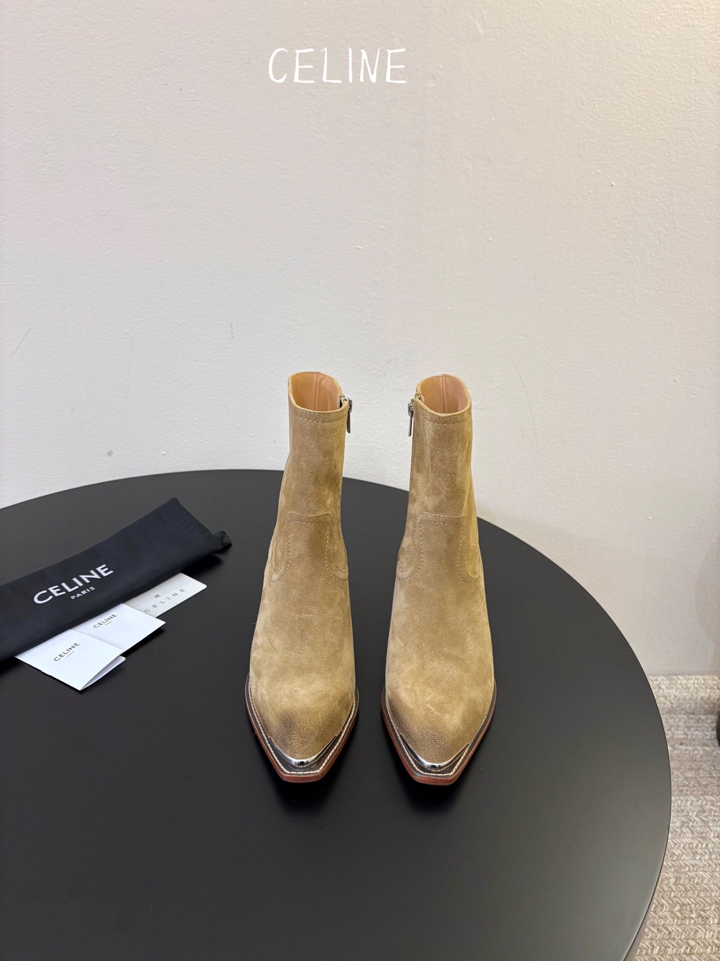 Celine 2026 Western Metallic Toe Ankle Boots 50mm Suede Leather 104866