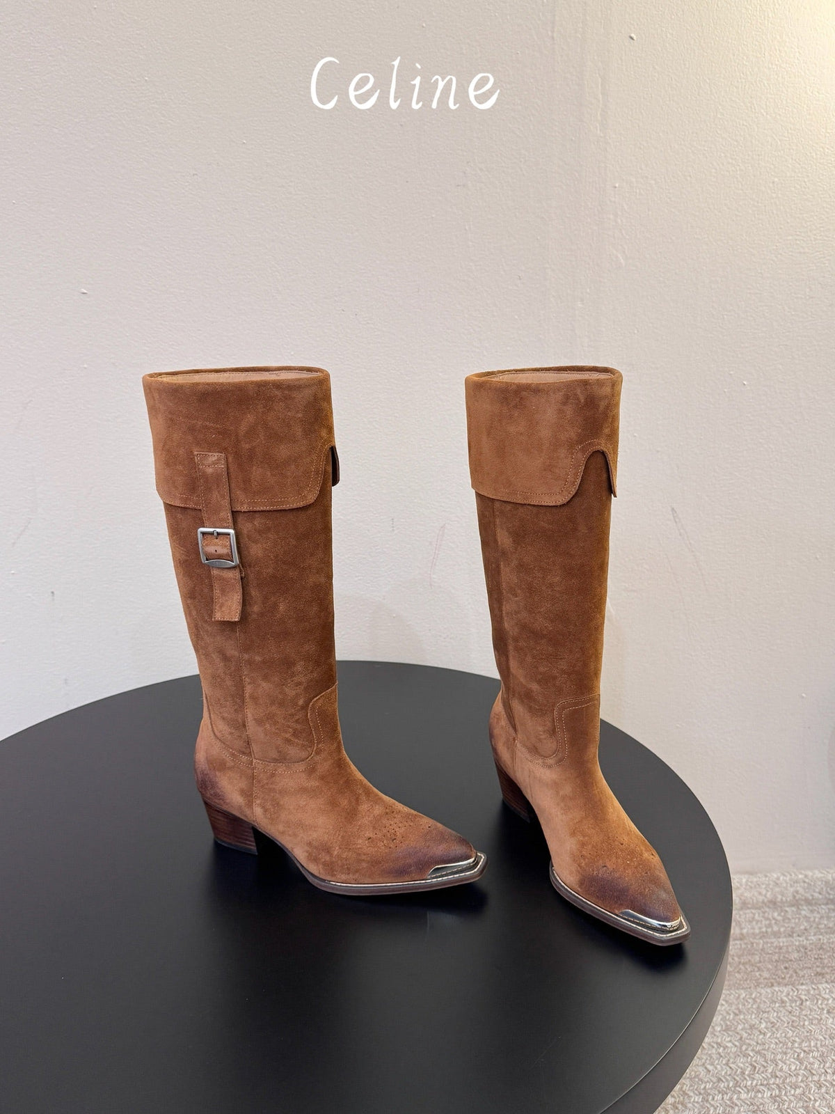 Celine 2026 Buckle Strap Knee-High Boots Cowhide Suede 104476