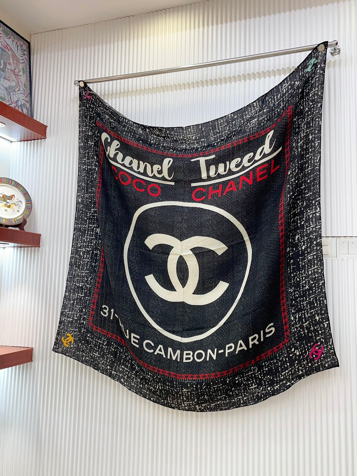 CC Square Scarf 140 CM In Black Mix White Red Cashmere Silk 252308