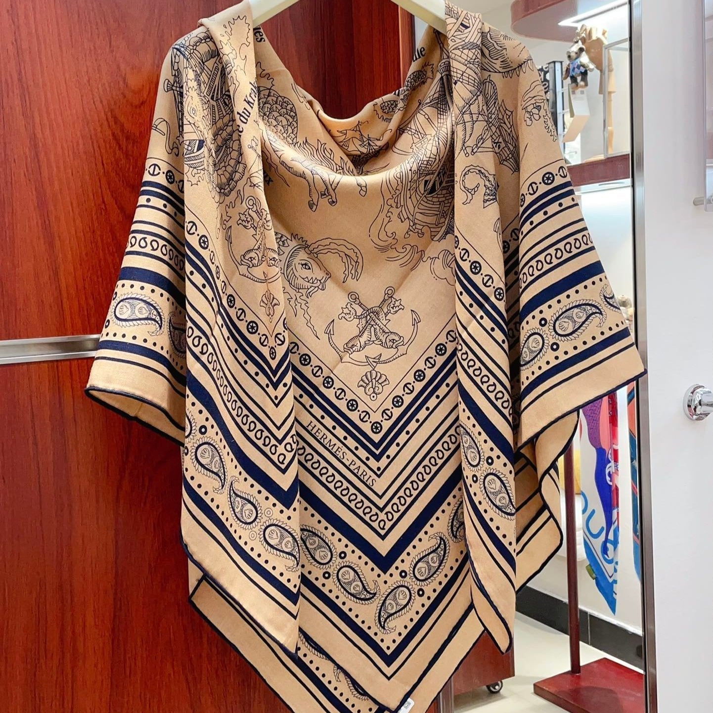 Tatouages Marins Bandana Shawl 135 CM In Dark Beige Colorful Cashmere And Silk 252314
