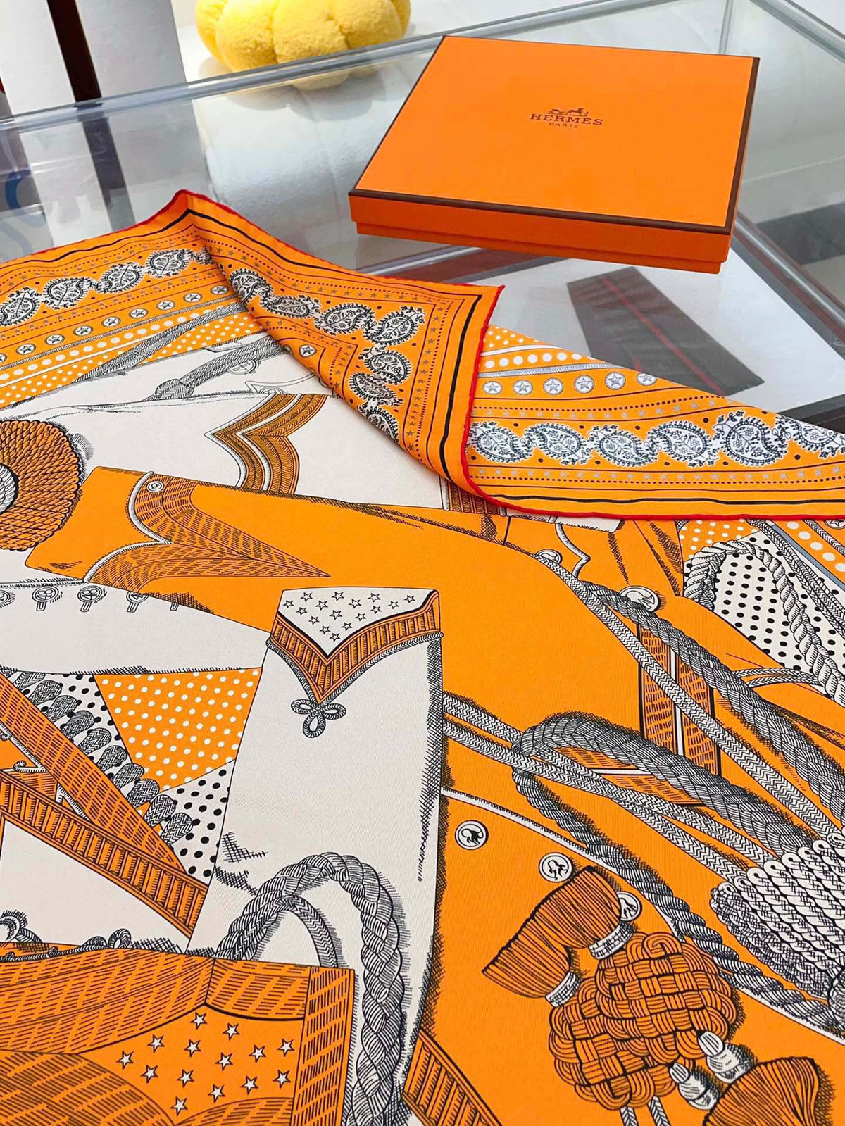 Zouaves Et Dragons Bandana Shawl 90 CM In Orange Colorful Silk Twill 262788