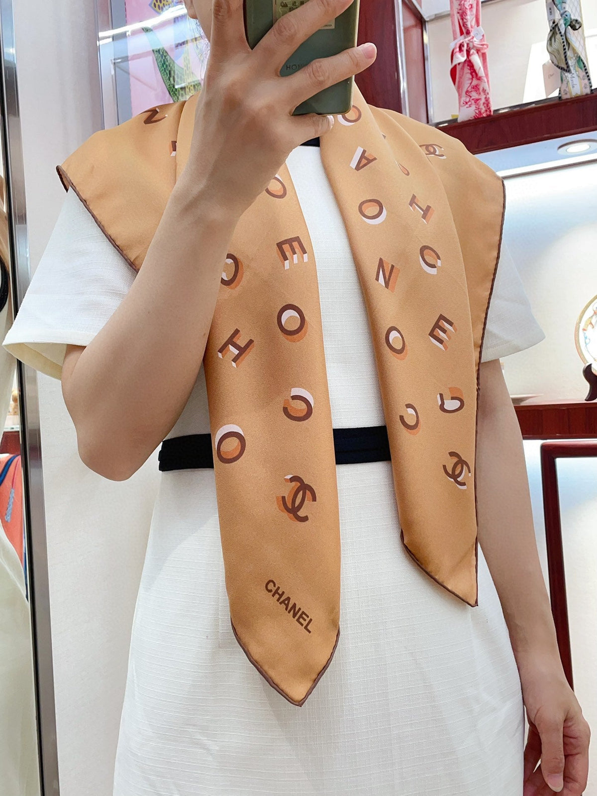 CC Square Scarf 90 CM In Dark Beige With Printed Letters Silk Twill 300436