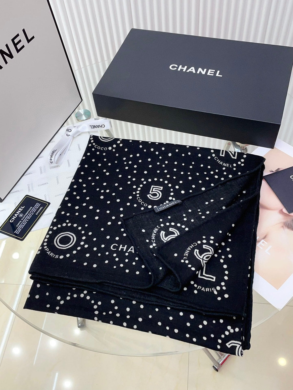 CC Square Scarf 140 CM In Black White Polka Dot Cashmere Silk 337147