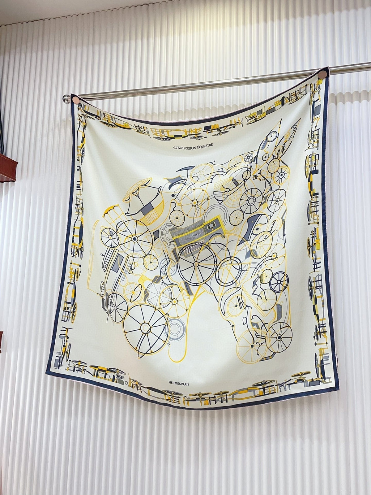 Complication Equestre Scarf 90 CM In White Yellow Coloful Silk Twill  345898