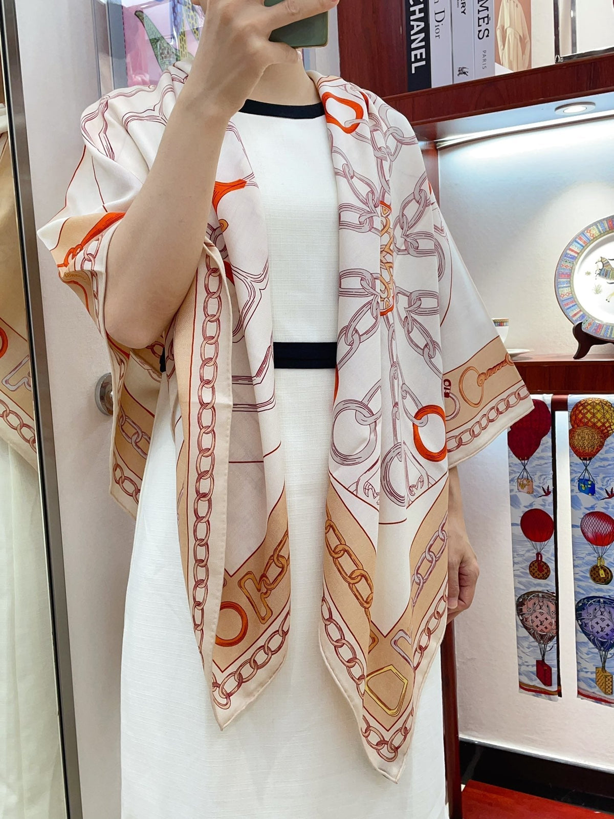 Effet Kaleidoscope Shawl 135 CM In Beige Colorful Cashmere And Silk 382610
