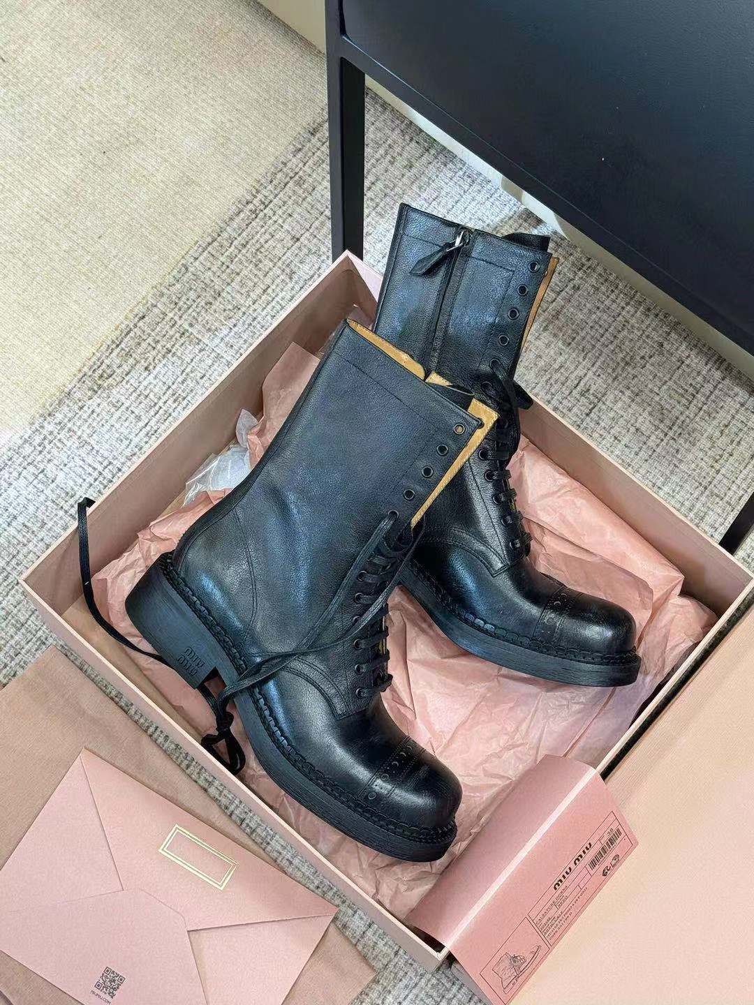 Miu Short Boots Black Paint Calfskin