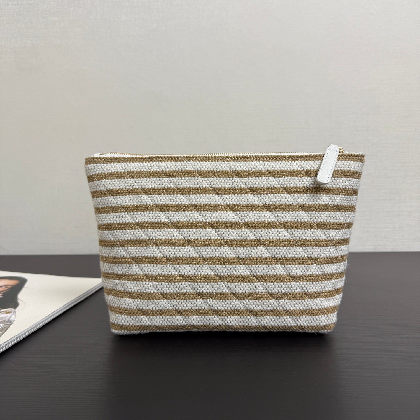 Chanel 26 Woven Clutch 19 White Khaki Canvas
