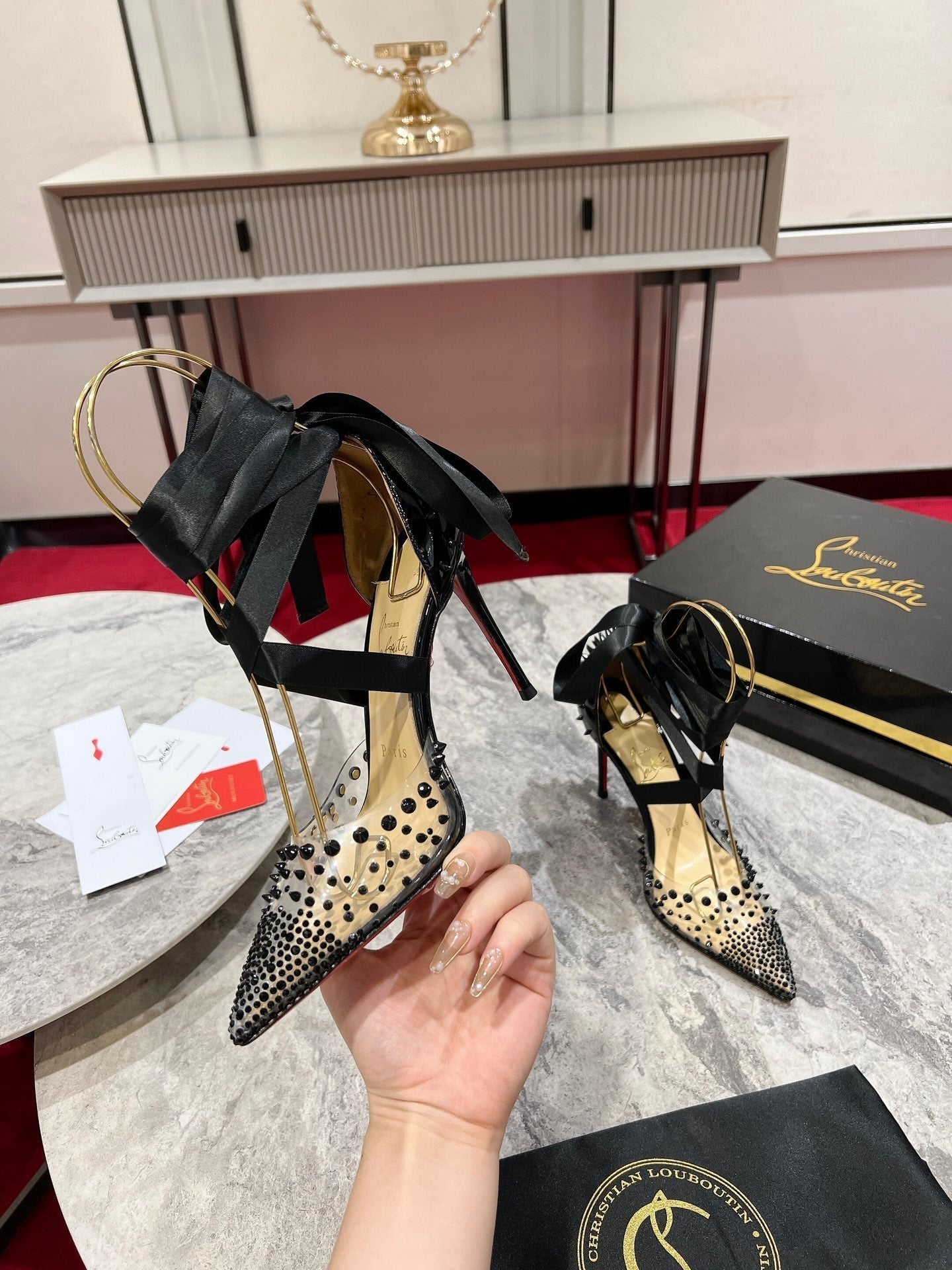 CL Mechante Reine Pumps 100mm Spike Patent PVC Black