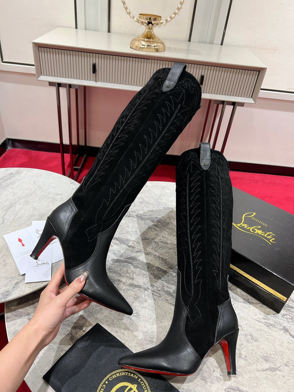 CL Santia Botta 85 mm Leather And Veau Velours Embroidery Black