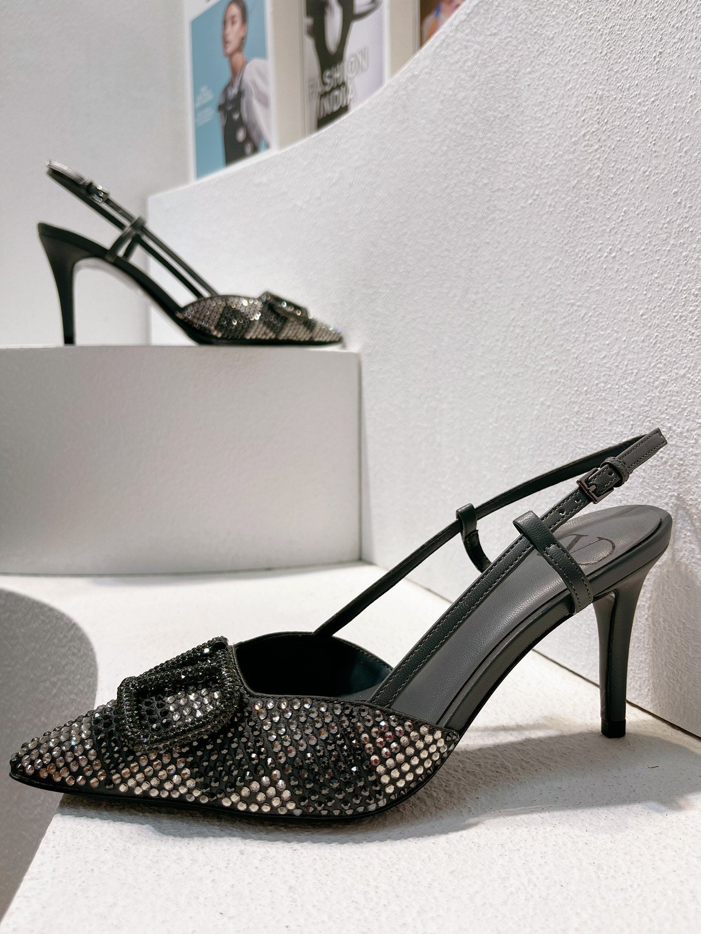 VT High Heeled Slingbacks  Charcoal black Sheepskin 292824