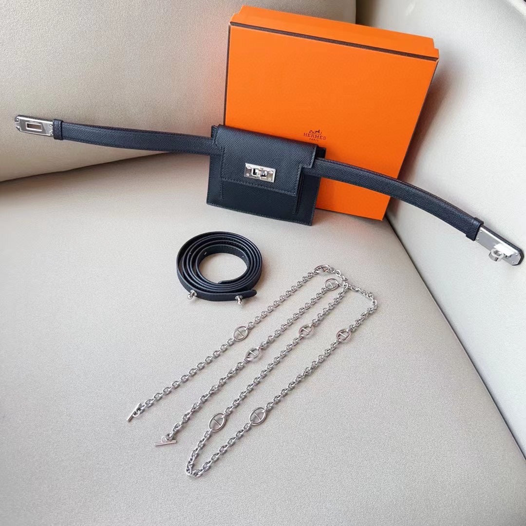 hm kelly belt 18mm with kelly pocket black epsom silver hardware