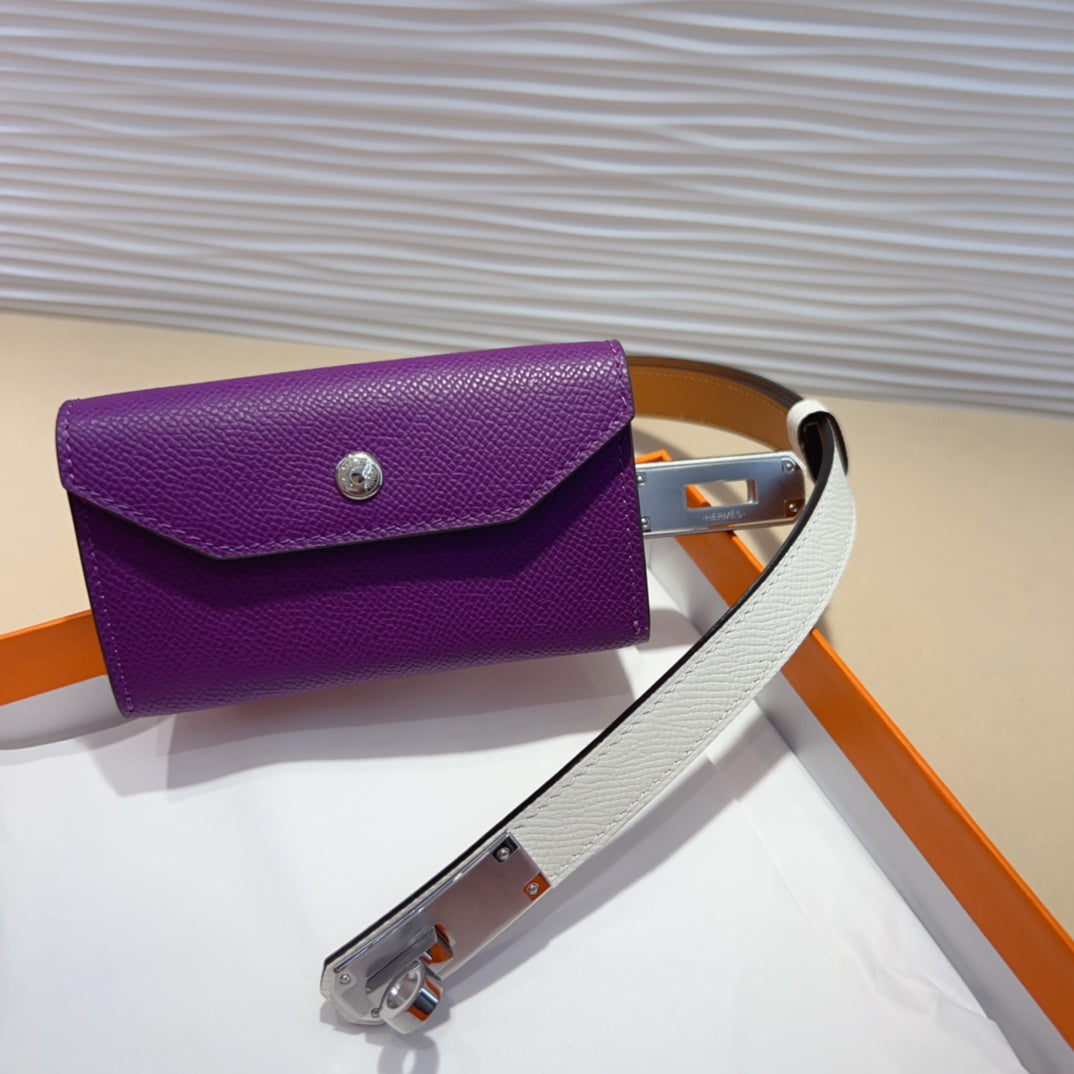 HM KELLY VIOLET PURPLE POCKET 18MM BELT WHITE LEATHER SILVER HARDWARE